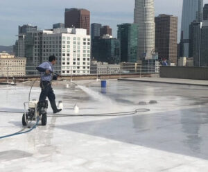A worker soft washing a rooftop